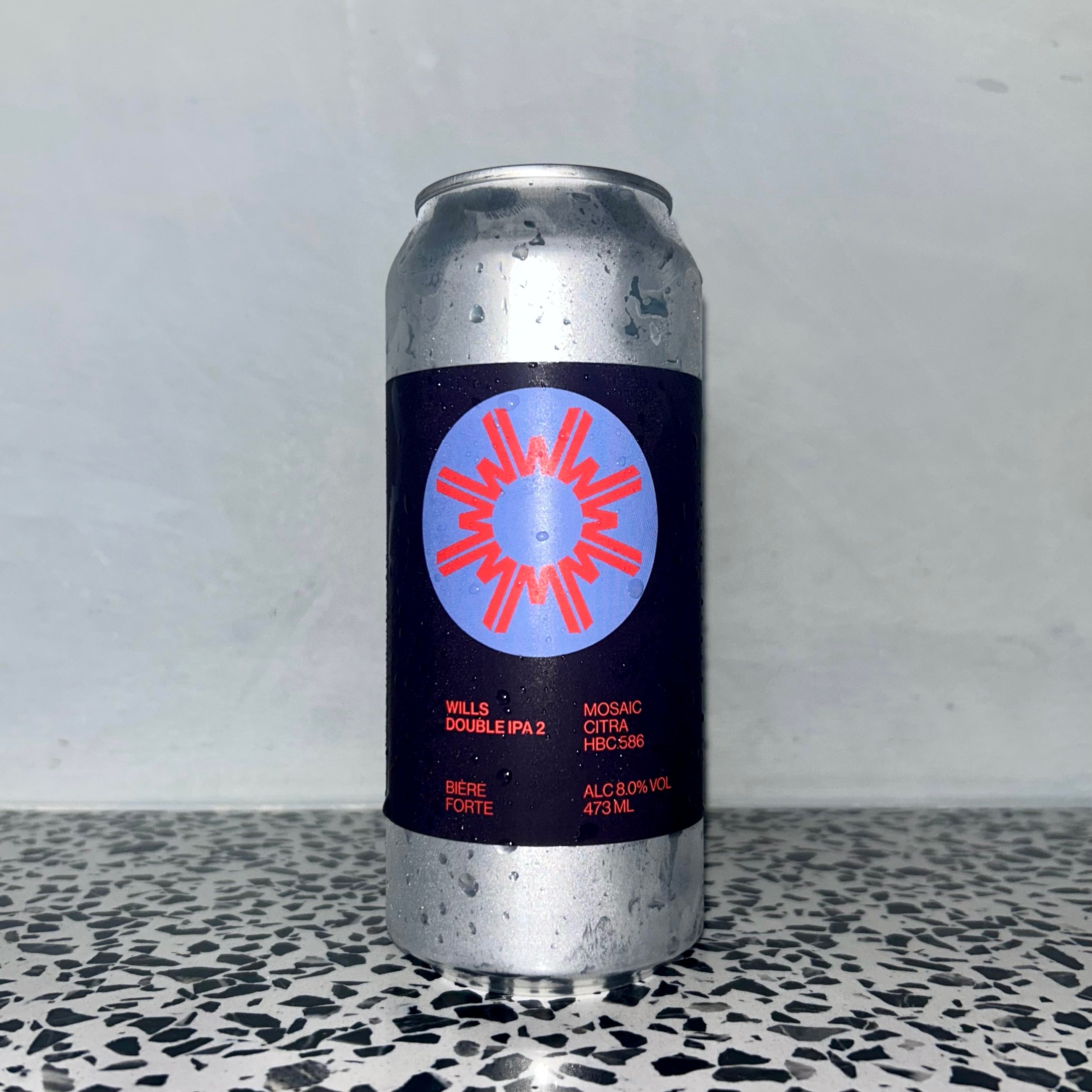 Double IPA 2 can front featuring Mosaic, Citra, and HBC 586 hops, showcasing a blend of fruity, floral, and tropical flavours at WILLS Brewery & Bar